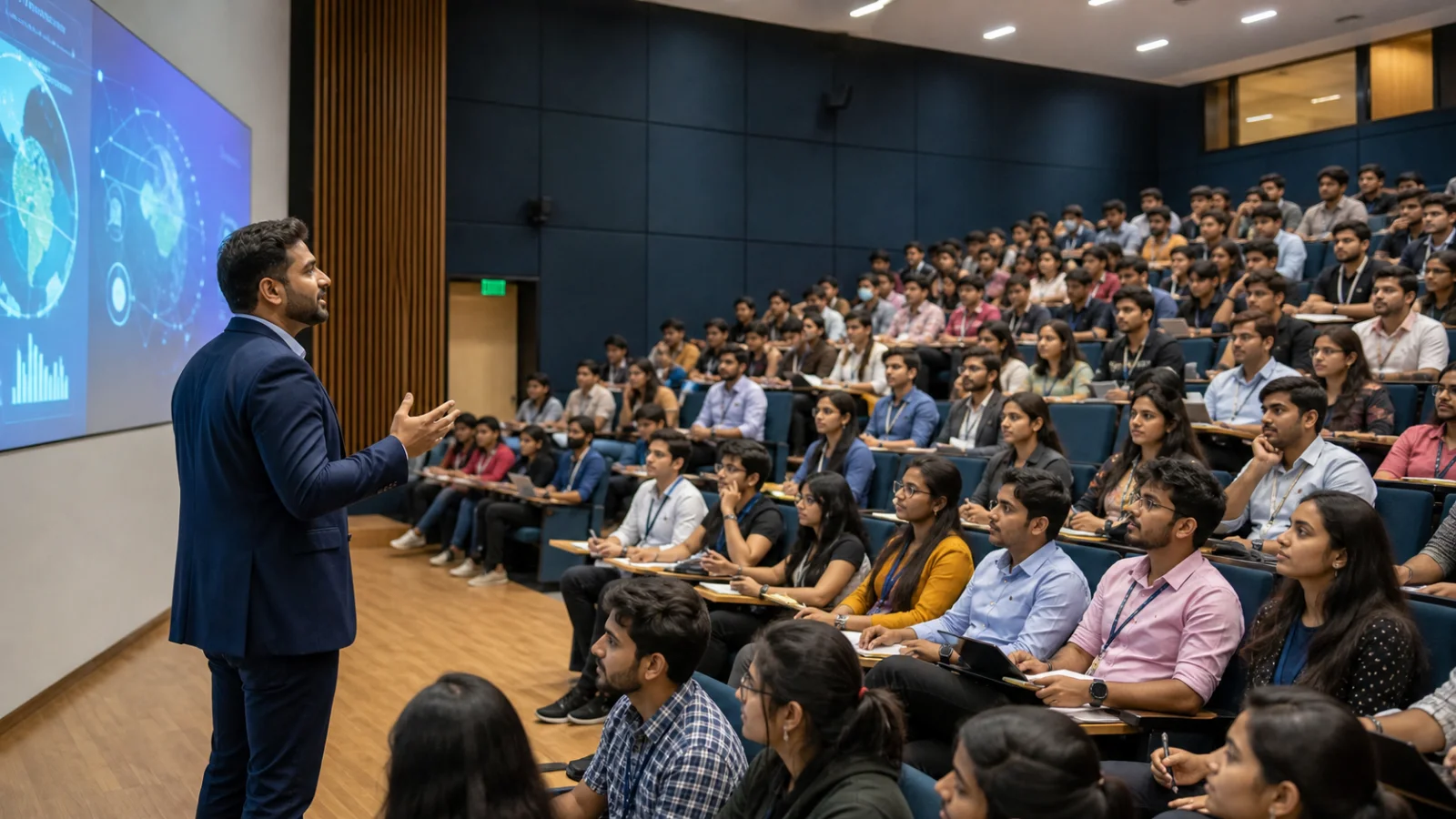 A professional facilitator leads a global business seminar for a large Indian college cohort.