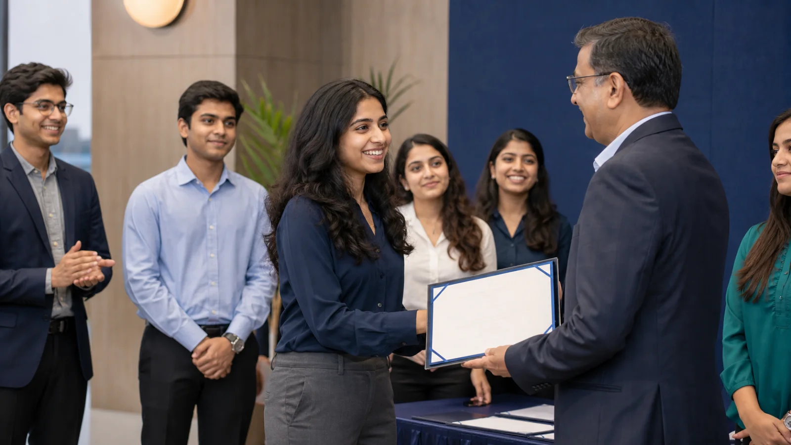 A student receives documented recognition after completing a global business learning program.